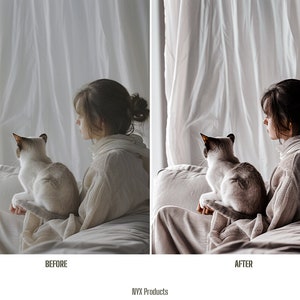 May include: A woman and a cat sitting on a couch, looking out a window. The woman is wearing a white sweater and the cat is white with brown markings. The image is split into two sections, showing the image before and after editing.