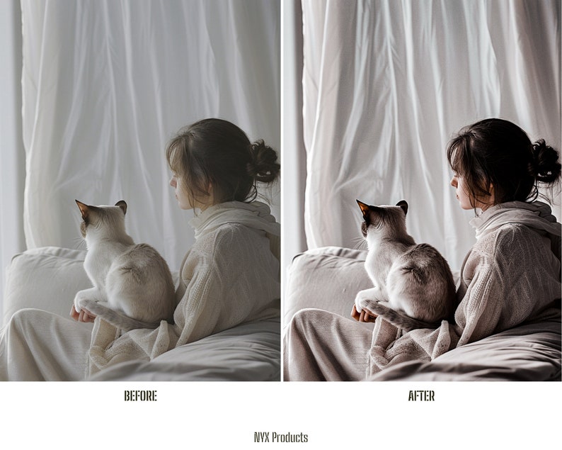 May include: A woman and a cat sitting on a couch, looking out a window. The woman is wearing a white sweater and the cat is white with brown markings. The image is split into two sections, showing the image before and after editing.