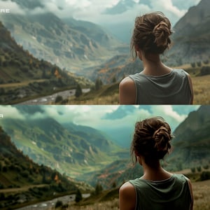 May include: A woman with long brown hair in a bun stands in a field looking out at a valley with mountains in the distance. The sky is cloudy and the mountains are green and brown.