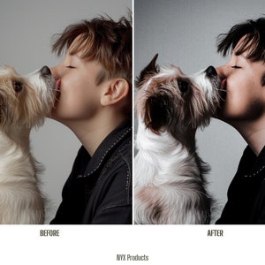 May include: A side-by-side comparison of a before and after photo. The before photo shows a person with a dog, both looking at each other. The after photo shows the same image with enhanced contrast and color.