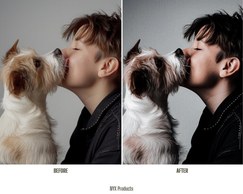 May include: A side-by-side comparison of a before and after photo. The before photo shows a person with a dog, both looking at each other. The after photo shows the same image with enhanced contrast and color.