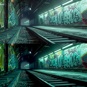 May include: A dark, graffiti-covered tunnel with train tracks running down the center. The walls are covered in colorful spray paint, including the words "New York" and "Sorry". The tunnel is lit by fluorescent lights, creating a moody atmosphere.
