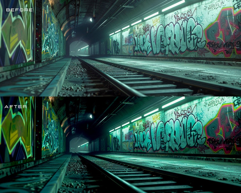 May include: A dark, graffiti-covered tunnel with train tracks running down the center. The walls are covered in colorful spray paint, including the words "New York" and "Sorry". The tunnel is lit by fluorescent lights, creating a moody atmosphere.