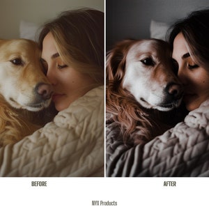 May include: A close-up of a golden retriever dog and a person cuddling on a bed. The dog is on the left side of the image and the person is on the right. The dog has its head resting on the person's shoulder. The person has their eyes closed and is smiling. The image is split into two sections, with the left side showing the original image and the right side showing the image after editing.