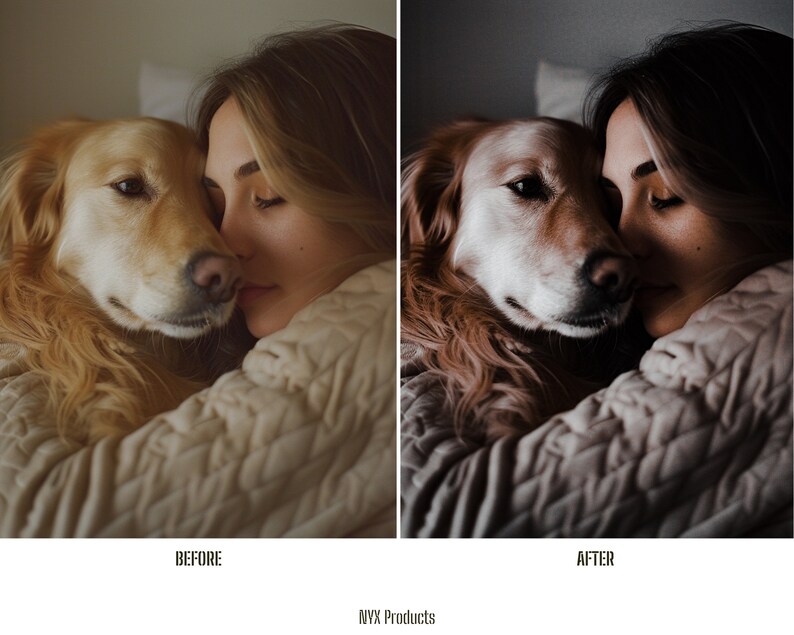 May include: A close-up of a golden retriever dog and a person cuddling on a bed. The dog is on the left side of the image and the person is on the right. The dog has its head resting on the person's shoulder. The person has their eyes closed and is smiling. The image is split into two sections, with the left side showing the original image and the right side showing the image after editing.