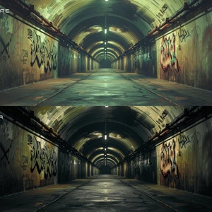 May include: A dark, graffiti-covered tunnel with a long, narrow path leading to a light at the end. The walls are covered in green, black, and white graffiti.