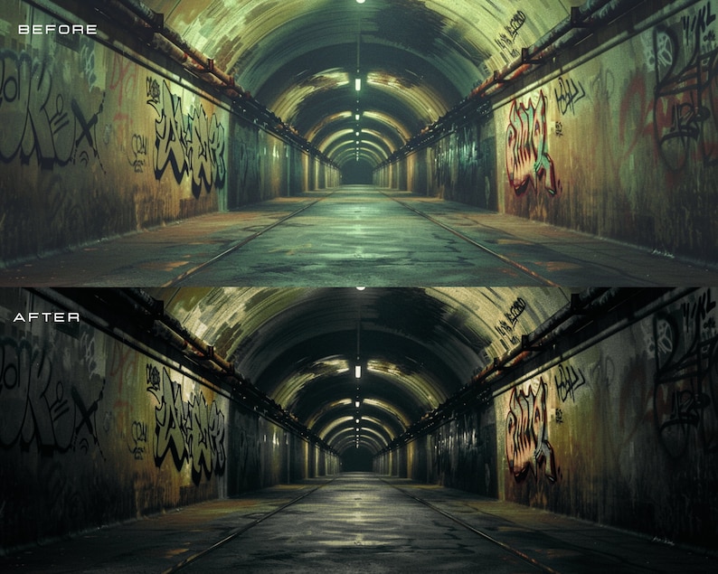 May include: A dark, graffiti-covered tunnel with a long, narrow path leading to a light at the end. The walls are covered in green, black, and white graffiti.