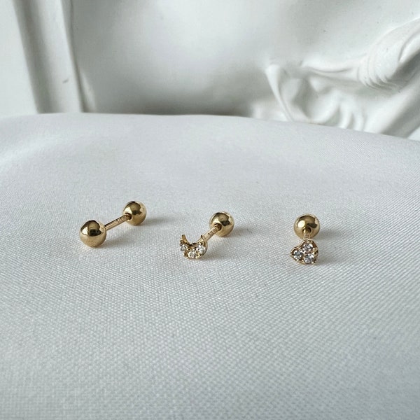 Boucles d'oreilles à tige en or massif 9 carats avec super minuscule diamant lune, cœur et boule à vis, pour cartilage ou lobe d'oreille, pour piercings multiples