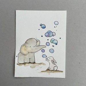 Aquarell Postkarte Elefant mit Seifenblasen | Kindermotiv l handgemalt auf Aquarellpapier