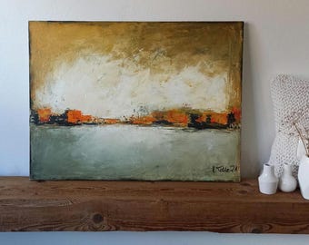 Abstraktes Gemälde aus Öl- und Acrylfarben | Orignial | Kunst | Orange-Beiges Gemälde | Spachtel | Stadt im Abendlicht | Sommerregen