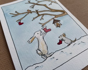 Handgemalte Aquarell Weihnachtskarte Wintertiere | Postkarte | Weihnachtsgrüße