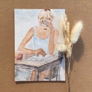 Grußkarte "Working in the sunshine" | Aquarellkarte | Postkarte | Portrait | Lesen | handgemalt
