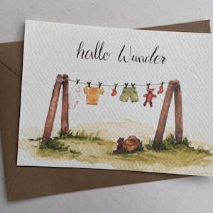 Selbstgemalte Karte "Baby Wäscheleine" | Aquarell-Karten | Karte zur Geburt | Taufe | Kindergeburtstag