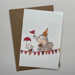 Aquarell Geburtstagskarte Partyelefant | Kindermotiv | Geburt | Einladungskarte|  handgemalt auf Aquarellpapier