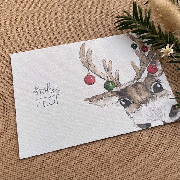 Postkarte "Rentier Rudolf" | Weihnachtskarte | Aquarell Karte | Selbstgemalt | Frech