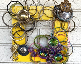 Jewelry Wall Art, Maximalist Wall Art, Junk for the Walls Art, "Yellow Shopping Spree After Dark", Unique, OOAK.