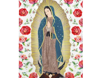 Our Lady of Guadalupe Velveteen Plush Blanket | Floral Virgen Mary