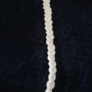 May include: A white braided rope dog toy with a knotted end and frayed edges.