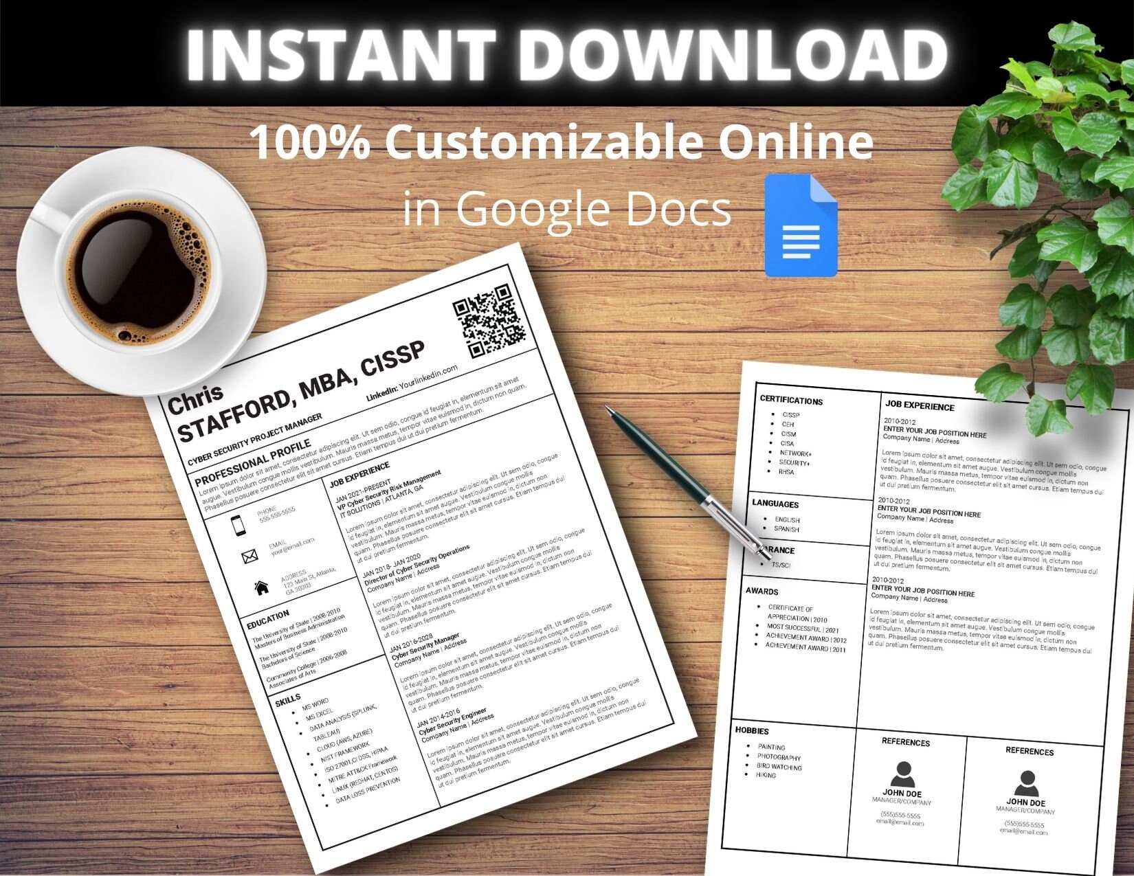 Modern Resume Template, Google Docs Resume Template - Etsy
