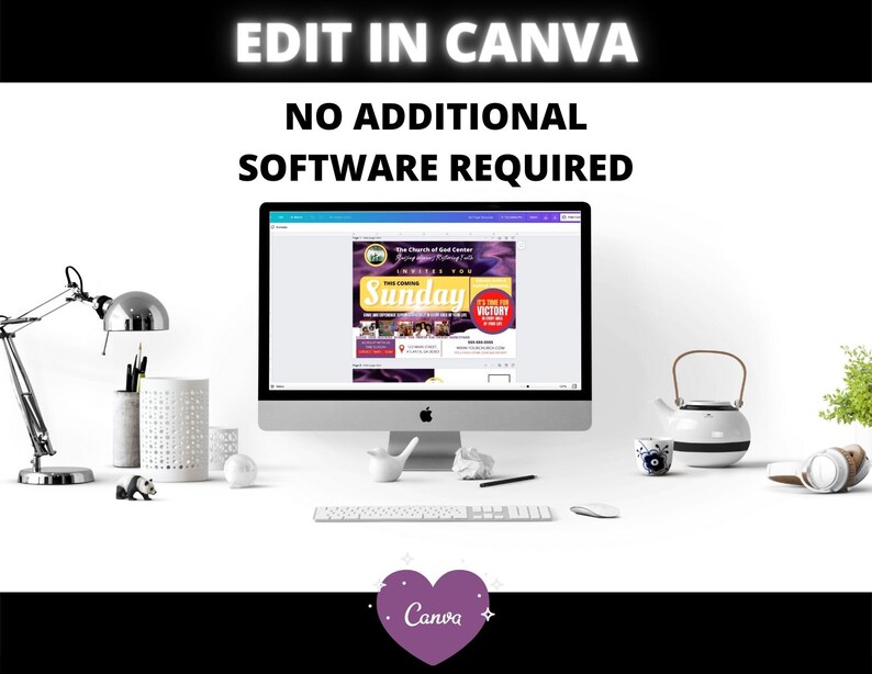 May include: A computer screen displaying a flyer for a church service. The flyer is purple and yellow with the text "This Coming Sunday" and "It's Time For Victory". The text "Edit in Canva" and "No Additional Software Required" is displayed above the computer screen. The Canva logo is displayed below the computer screen.