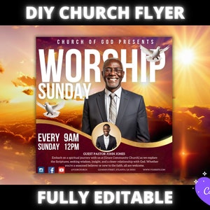 Sunday Worship Church Flyer, Church Conference Flyer, DIY Church Service Flyer, Sunday Service invitation flyer for pastor preacher, canva