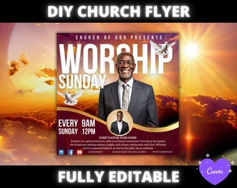 Sunday Worship Church Flyer, Church Conference Flyer, DIY Church Service Flyer, Sunday Service invitation flyer for pastor preacher, canva