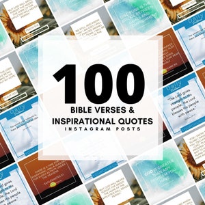May include: A collection of 100 Instagram posts featuring Bible verses and inspirational quotes. The posts have a variety of colorful backgrounds and include text from Psalms, Proverbs, and other biblical passages.