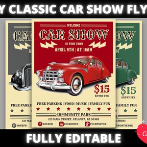 May include: A flyer for a classic car show. The flyer is red, white, and blue with a vintage car on it. The text on the flyer says "Welcome to the Car Show" and "April 9th at 10am". The flyer also includes the price of admission, which is $15. The flyer is fully editable.