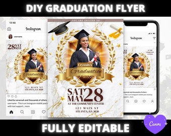 May include: A graduation party invitation template with a gold laurel wreath, a gold shield, and a photo of a graduate in a cap and gown. The text reads "Crystal's Graduation Party" and "Sat May 28 at the Community Center 123 Main St Atlanta, GA 3030".