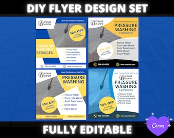 May include: A set of four DIY flyer designs for pressure washing services. Each flyer features a blue, yellow, and white color scheme with the text "Pressure Washing Services," a 10% off offer, and a list of services. The flyers are fully editable.