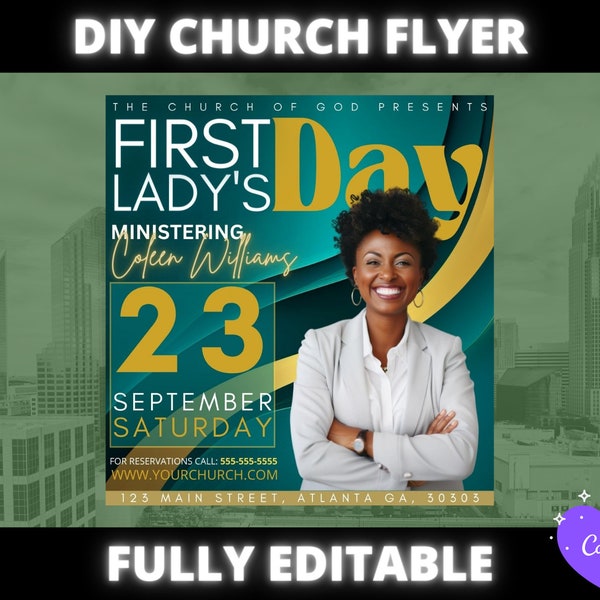 First Lady’s Day Church Flyer, DIY Church Event Flyer, Sunday Service invitation flyer for pastor preacher, Easy Church Design Template, IG