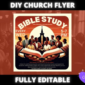 May include: A church flyer with a colorful illustration of a group of people holding a Bible open. The flyer advertises a weekly Bible study every Wednesday from 5-7 PM. The text reads "Bible Study: Faith, Fellowship, and Understanding" and "Dive Deeper into the Word: Join Our Bible!"