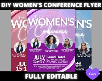May include: A flyer for a women's conference with a pink and purple color scheme. The flyer features the text "The Women's Conference" and the dates "July 15-17". The flyer also includes the location of the conference, "Grand Hotel, 123 Main Street, Atlanta, GA 30303".