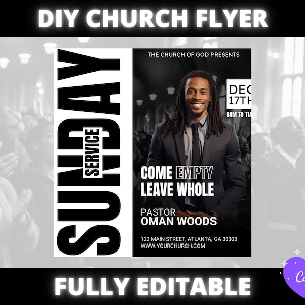 Sunday Service Church Flyer, Church Conference Flyer, DIY Church Service Flyer, Sunday Service invitation flyer for pastor preacher