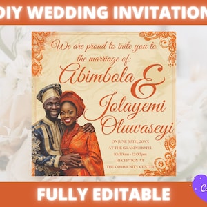 Szablon zaproszenia na ślub nigeryjski - edytowalny w Canva, pobieranie cyfrowe, konfigurowalny szablon zaproszenia ślubnego Joruba Igbo Edo