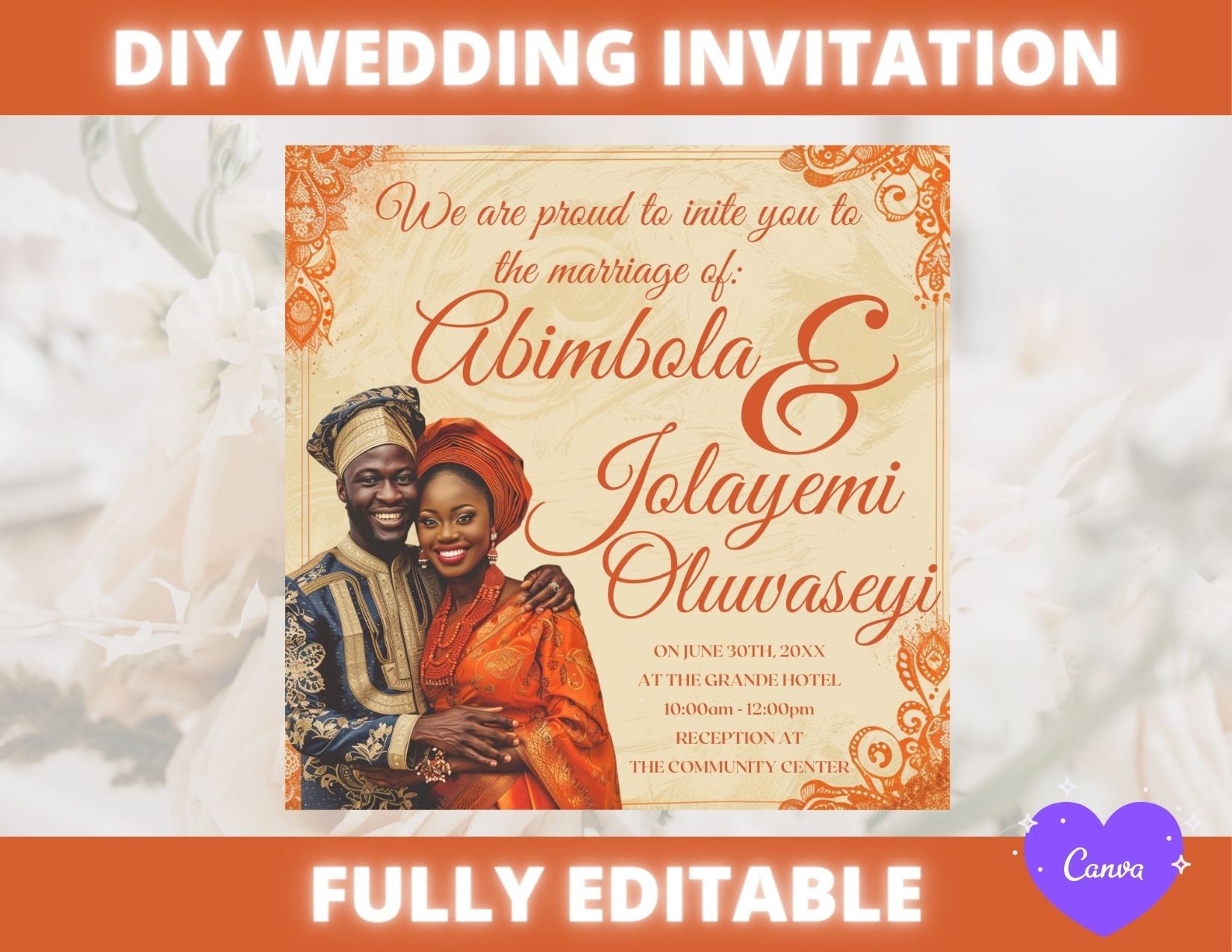 Nigerian Wedding Invitation Template Editable in Canva, Digital Nigerian Wedding Invitation Template Editable in Canva, Digital