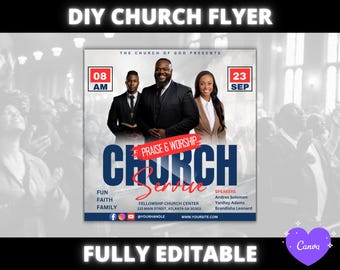 May include: A DIY church flyer design with the text "DIY CHURCH FLYER" at the top. The flyer features images of three people and the words "CHURCH SERVICE". It includes the date, time, and location of the service, along with the names of the speakers. The flyer is fully editable.