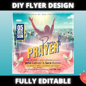 DIY Power of Prayer Church Conference Flyer, DIY Church Service Flyer, Sunday Service invitation flyer for pastor preacher