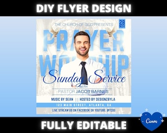 May include: A flyer design with the text "DIY FLYER DESIGN" at the top. The flyer promotes a "Prayer Worship Sunday Service" with Pastor Jacob Barnes. It includes the date, location, and social media information. The design features a man in a suit and tie.