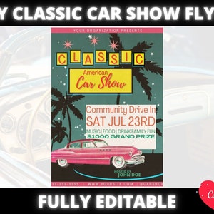 DIY Classic Car Show Flyer, Car Show flyer template, Drive In Movie