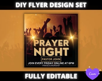 May include: A flyer design template for a prayer night event. The flyer features a dark background with a silhouette of a crowd of people raising their hands in worship. The text "PRAYER NIGHT" is in large, bold letters with a gold outline. The flyer also includes the text "PASTOR JOHN", "JOIN EVERY FRIDAY ONLINE AT 6PM", and "PRAISE & WORSHIP". The flyer is fully editable.