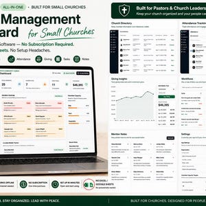 May include: A laptop displays a church management dashboard with data visualizations and a user interface. The text reads "Church Management Dashboard for Small Churches." Additional screens show attendance tracking and giving insights. A green book with "Faith Hope Love" is on the table.