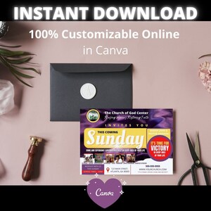 May include: A purple and gold church flyer with the text "This Coming Sunday" and "It's Time for Victory in Every Area of Your Life". The flyer also includes the church's name, address, and website.