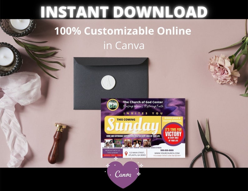 May include: A purple and gold church flyer with the text "This Coming Sunday" and "It's Time for Victory in Every Area of Your Life". The flyer also includes the church's name, address, and website.