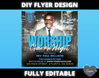 May include: A blue and black flyer design with the text "DIY FLYER DESIGN" at the top. The flyer promotes a "WORSHIP Church Night" event with a photo of a man in a suit. The flyer includes event details and the text "FULLY EDITABLE".