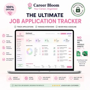 May include: A laptop screen displays the "Career Bloom" job application tracker. The interface shows a dashboard with application statuses, upcoming interviews, and deadlines. The image highlights features like offline access and private data security.
