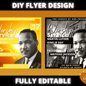 Puede incluir: Un folleto para un servicio de adoración el 17 de enero, con una foto en blanco y negro de Martin Luther King Jr. El folleto es amarillo con texto negro y las palabras "Worship Service" y "Martin Luther King Jr. Day".