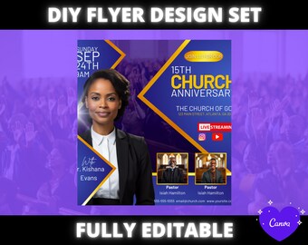 Folleto de evento de la iglesia, folleto de servicio de la iglesia para hacer uno mismo, folleto de transmisión en vivo de la iglesia, folleto de invitación al servicio dominical transmitido en vivo para pastor predicador