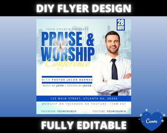 May include: A flyer design for a church conference. The design features the text "Praise & Worship Conference" in blue and yellow, with a dove graphic. A man in a white shirt and tie smiles. The flyer includes event details and the text "Fully Editable".