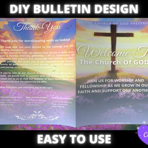 May include: A colorful church bulletin design template with a cross and the text "Thank You" and "Welcome to The Church of God". The template features a sunset sky with clouds and pink flowers. The text "Join us for worship and fellowship as we grow in our faith and support one another" is also included.
